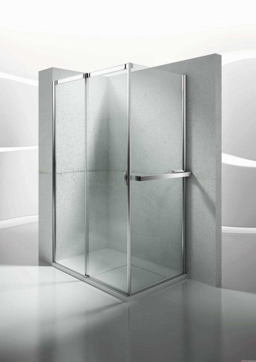 SLIDE - Accès d'angle, 1 porte coulissante à fermeture magnétique et 1 paroi fixe - Hauteur : 195 cm - Ep. du verre : 8 mm