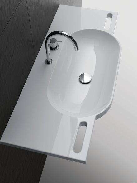SERIE 950 - Lavabo autoportant en résine de synthèse avec cuvette ovale plate et poignées intégrées utilisables comme porte-serviettes